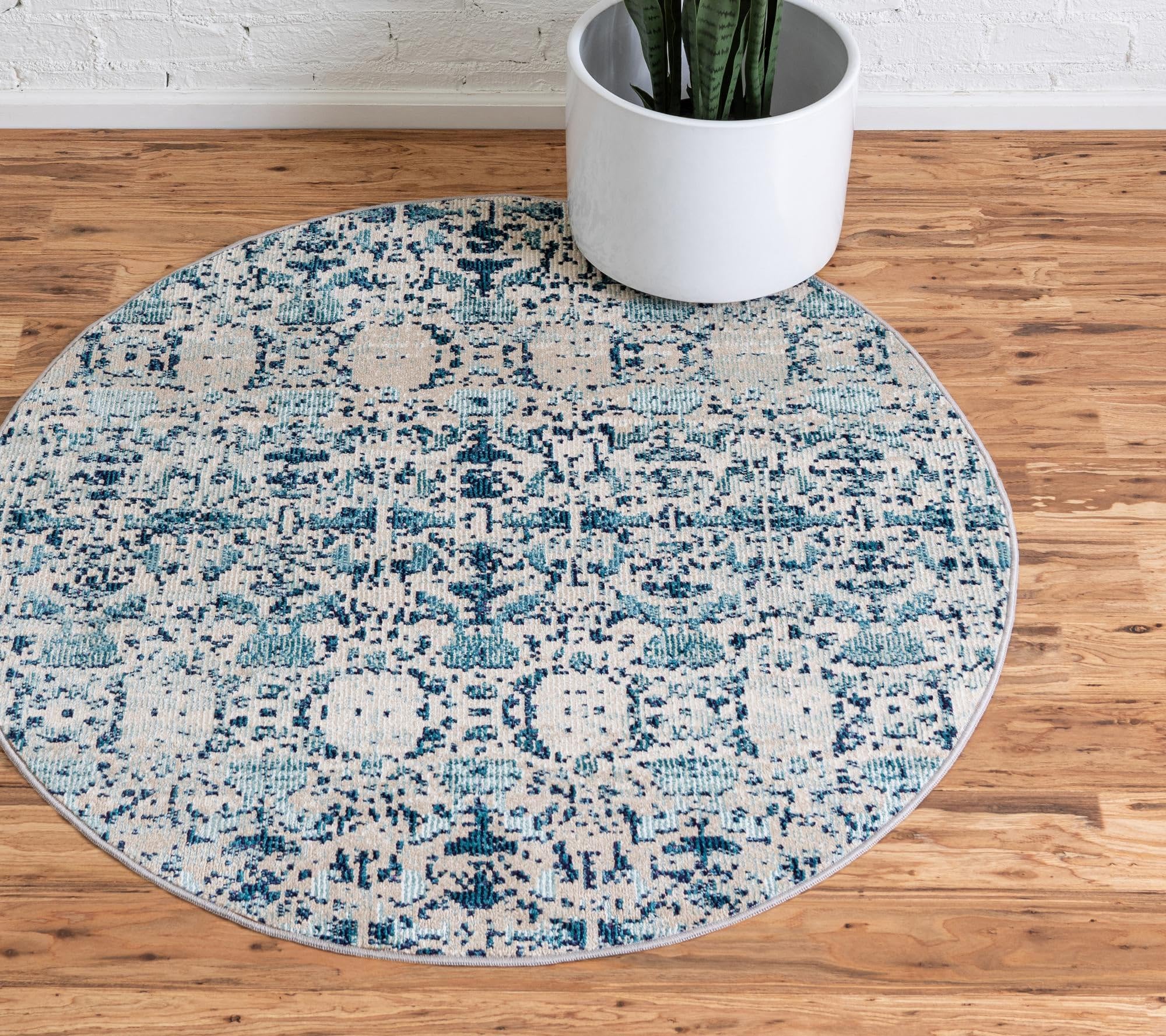 Rugs.com Amulet Collection Rug – 7 Ft Round Blue Medium-Pile Rug Perfect for Kitchens, Dining Rooms - Image 5