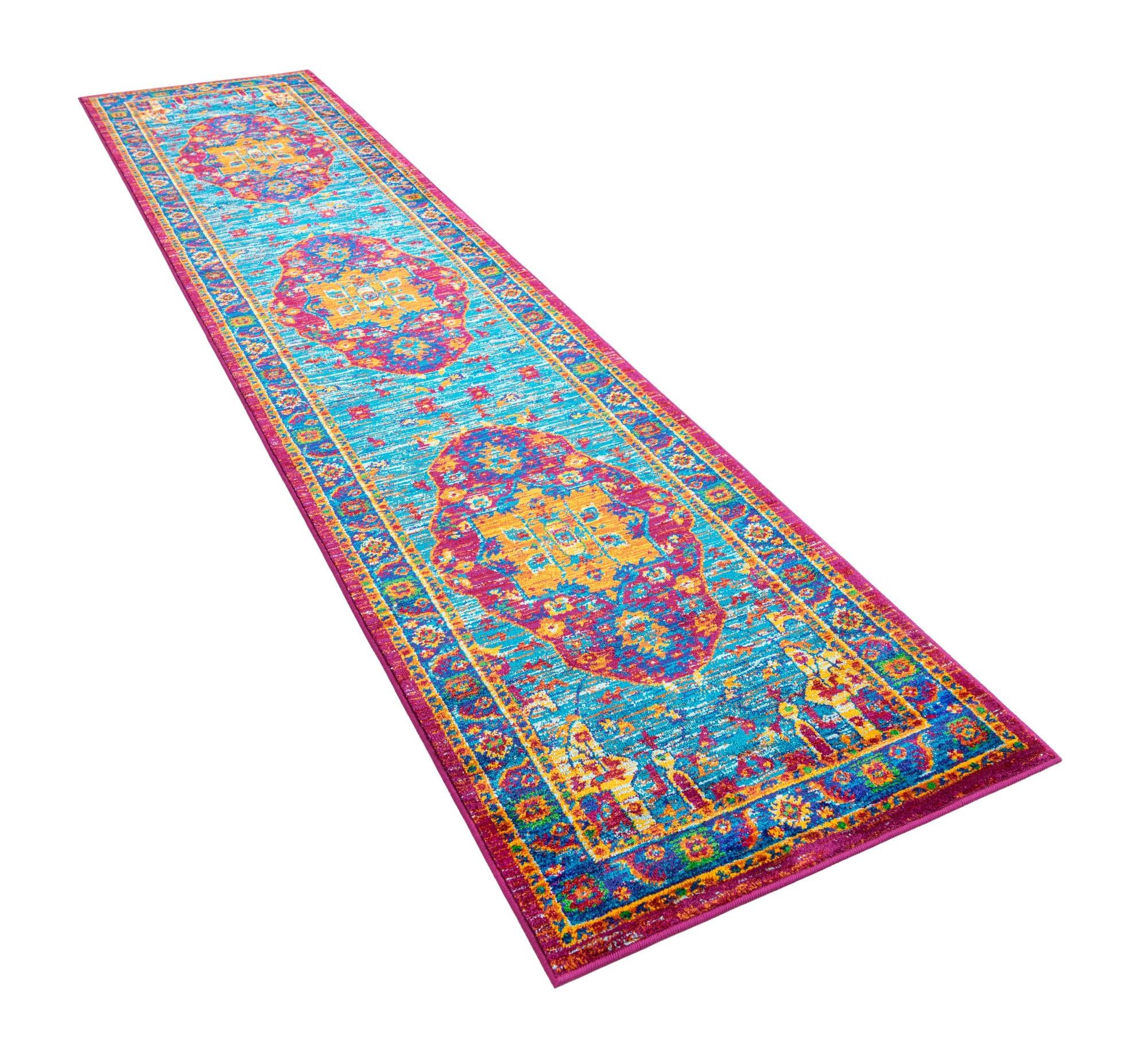 Rugs.com Calypso Collection Rug – 12 Ft Runner Pink Blue Medium-Pile Rug Perfect for Hallways, Entryways - Image 3