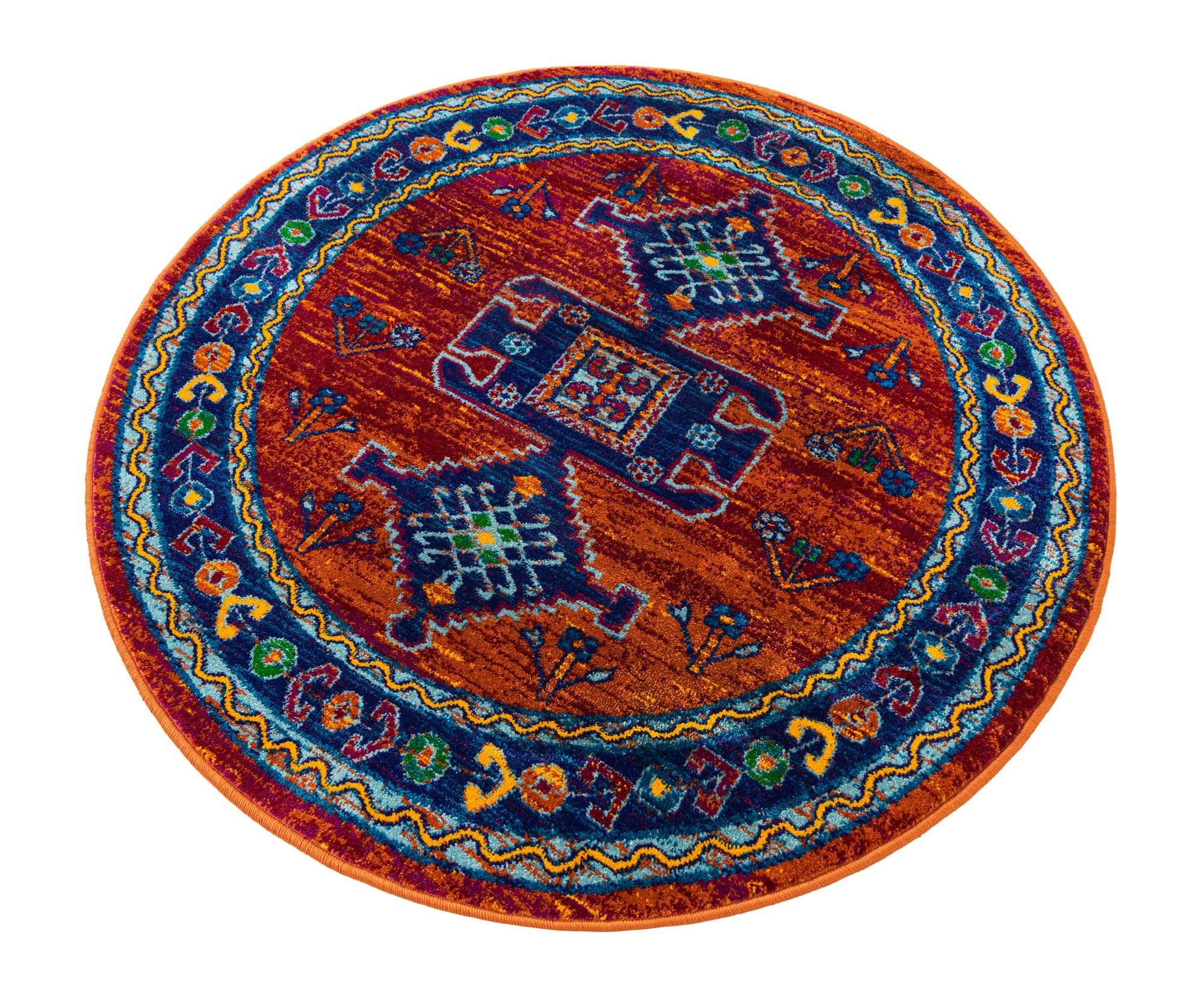 Rugs.com Calypso Collection Rug – 4 Ft Round Rust Red Blue Medium-Pile Rug Perfect for Kitchens, Dining Rooms - Image 3
