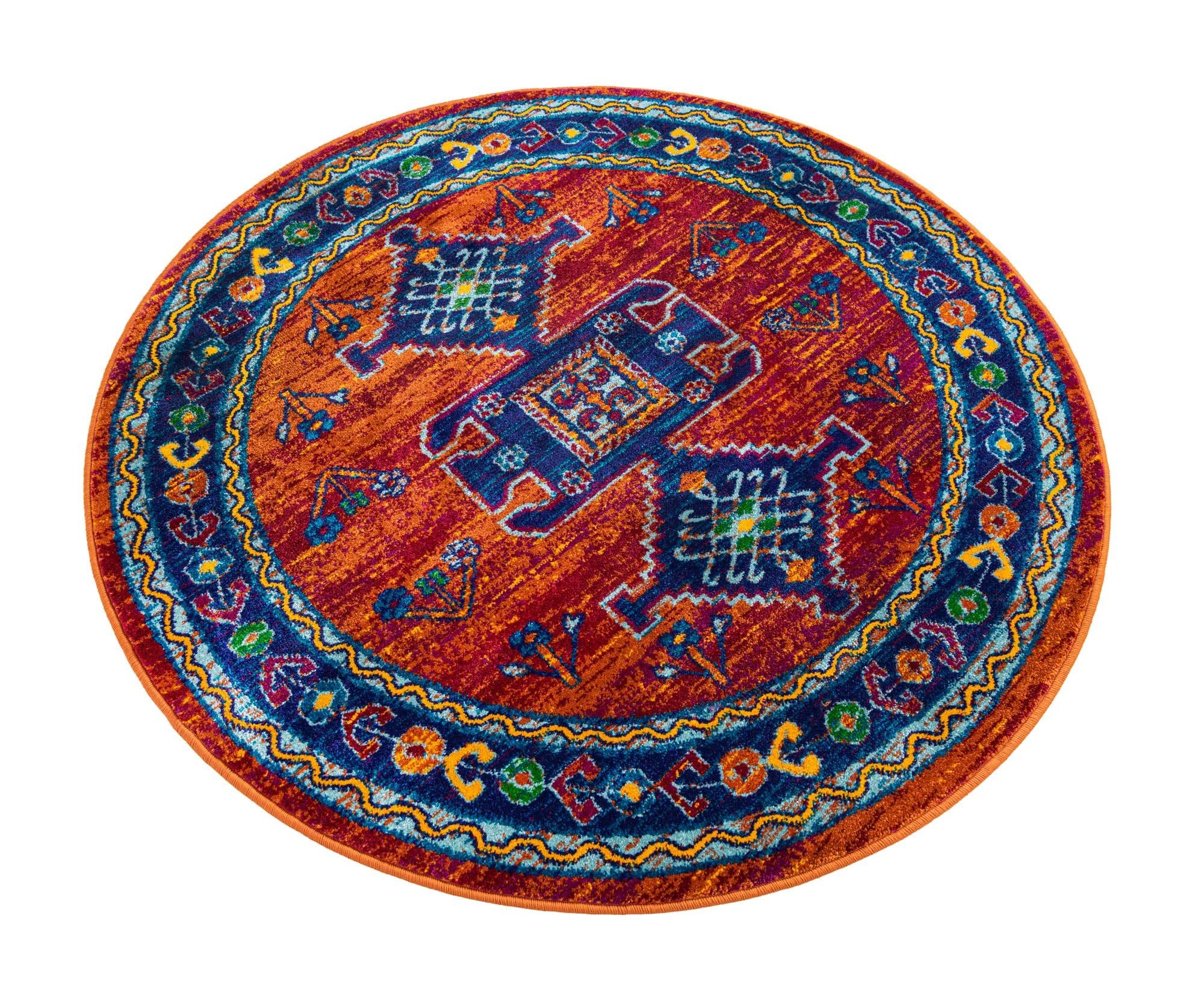 Rugs.com Calypso Collection Rug – 4 Ft Round Rust Red Blue Medium-Pile Rug Perfect for Kitchens, Dining Rooms - Image 4