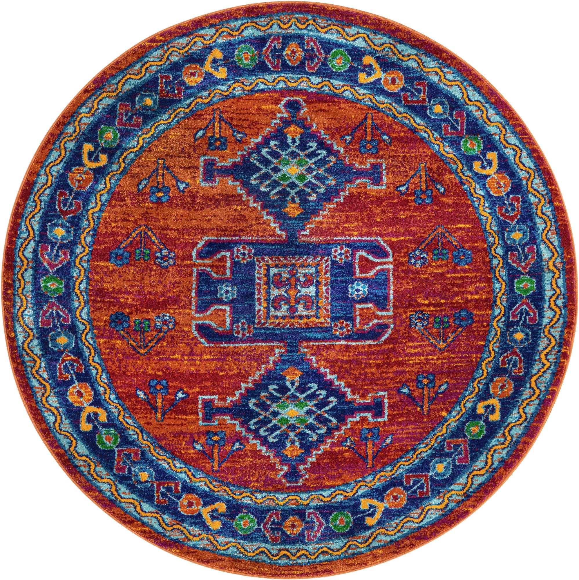 Rugs.com Calypso Collection Rug – 4 Ft Round Rust Red Blue Medium-Pile Rug Perfect for Kitchens, Dining Rooms - Image 5
