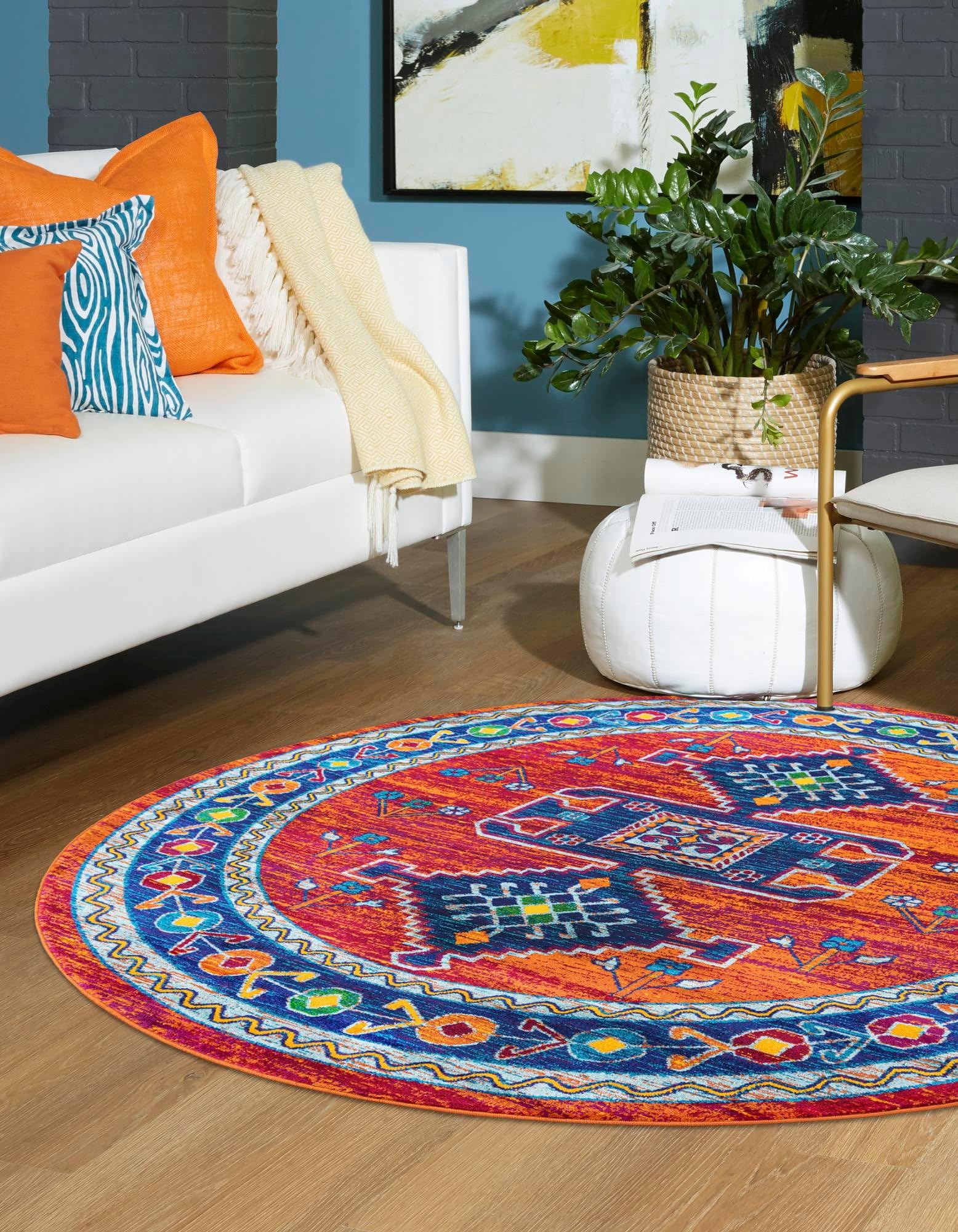 Rugs.com Calypso Collection Rug – 4 Ft Round Rust Red Blue Medium-Pile Rug Perfect for Kitchens, Dining Rooms - Image 6