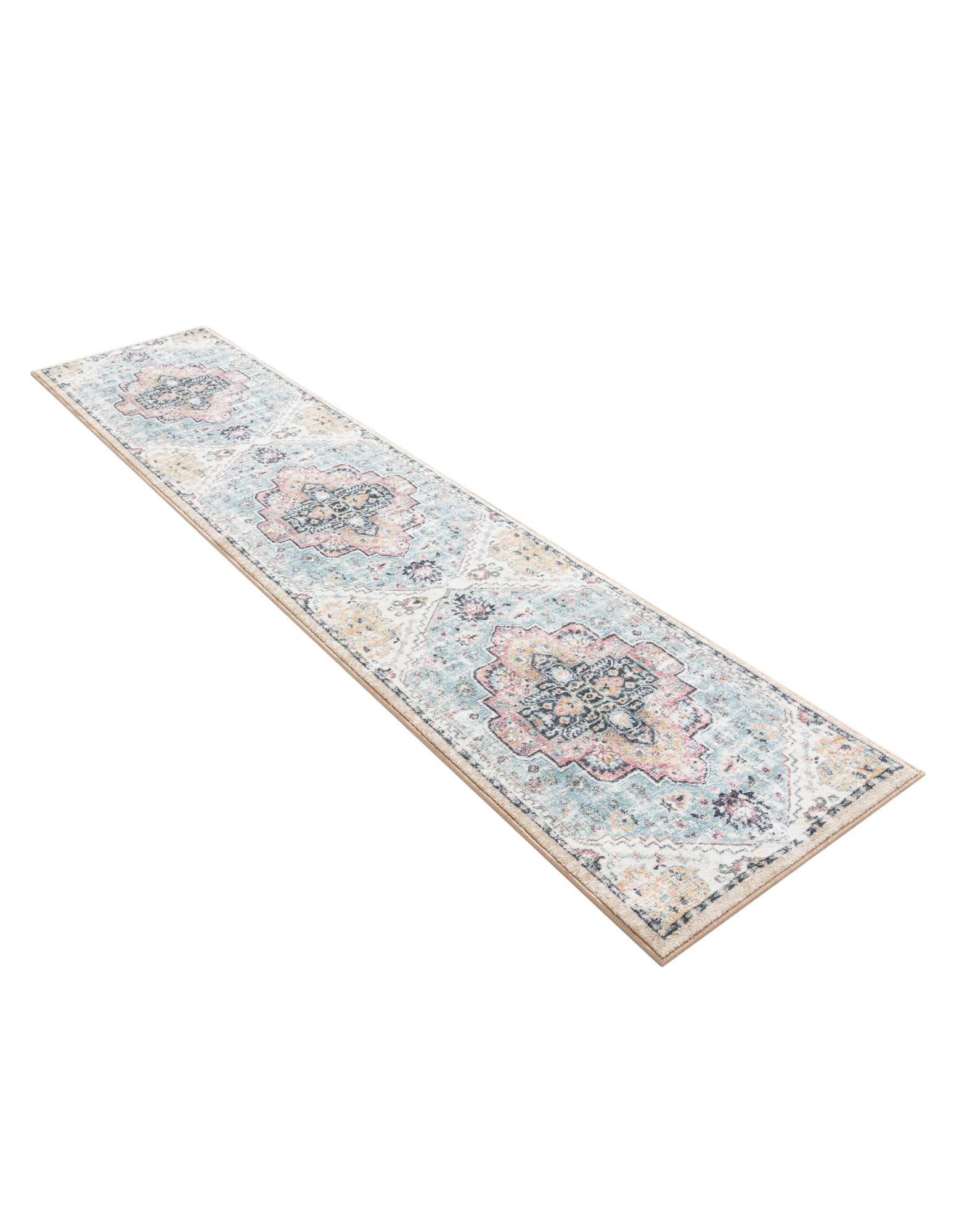 Rugs.com Medina Collection Rug – 10 Ft Runner Seaglass Blue and Rose Medium-Pile Rug Perfect for Hallways, Entryways - Image 3