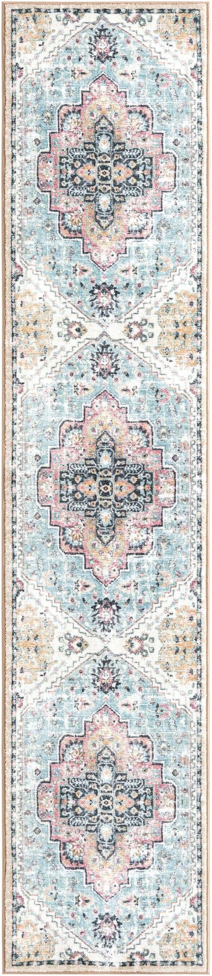 Rugs.com Medina Collection Rug – 10 Ft Runner Seaglass Blue and Rose Medium-Pile Rug Perfect for Hallways, Entryways - Image 4