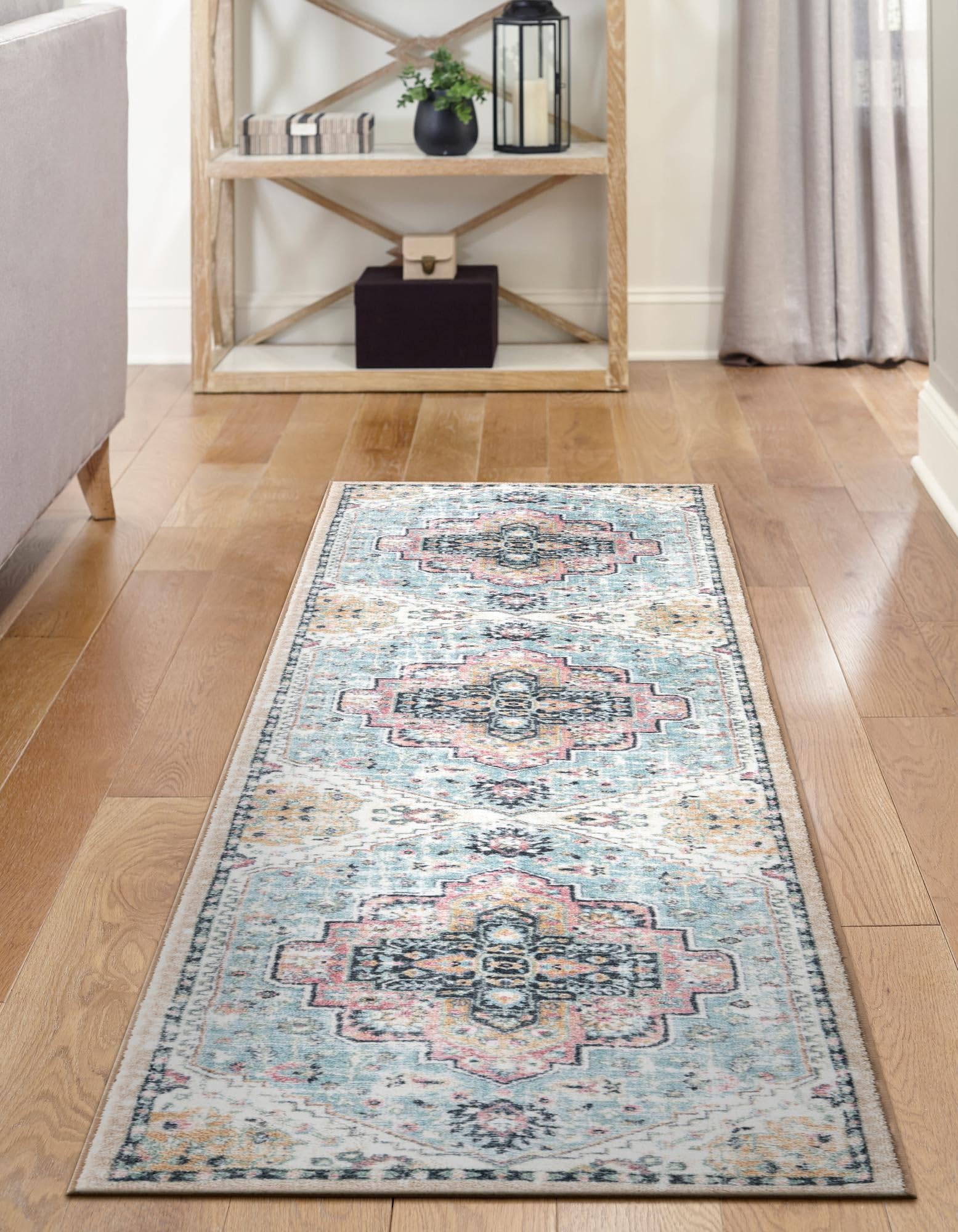 Rugs.com Medina Collection Rug – 10 Ft Runner Seaglass Blue and Rose Medium-Pile Rug Perfect for Hallways, Entryways - Image 5