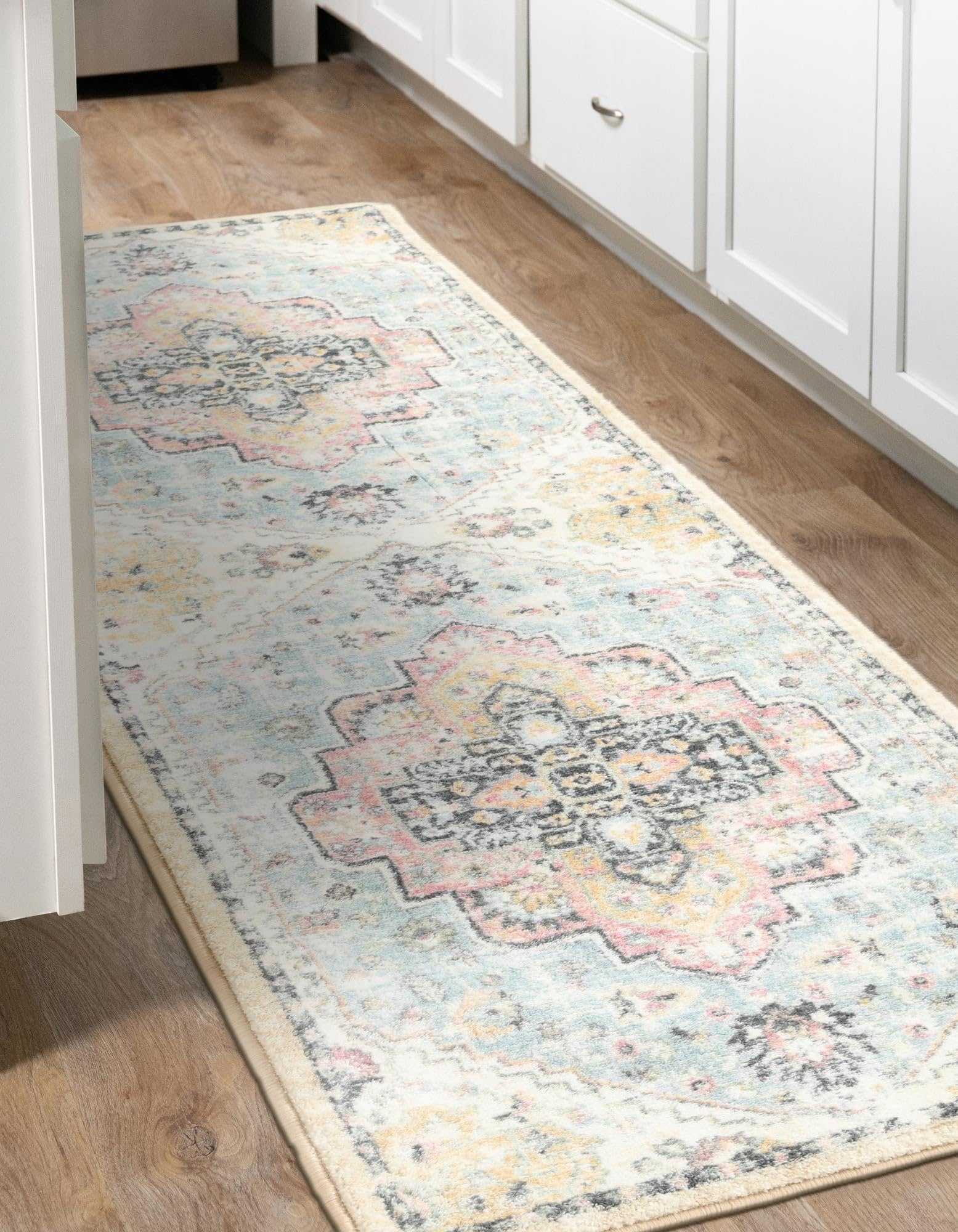 Rugs.com Medina Collection Rug – 10 Ft Runner Seaglass Blue and Rose Medium-Pile Rug Perfect for Hallways, Entryways - Image 7