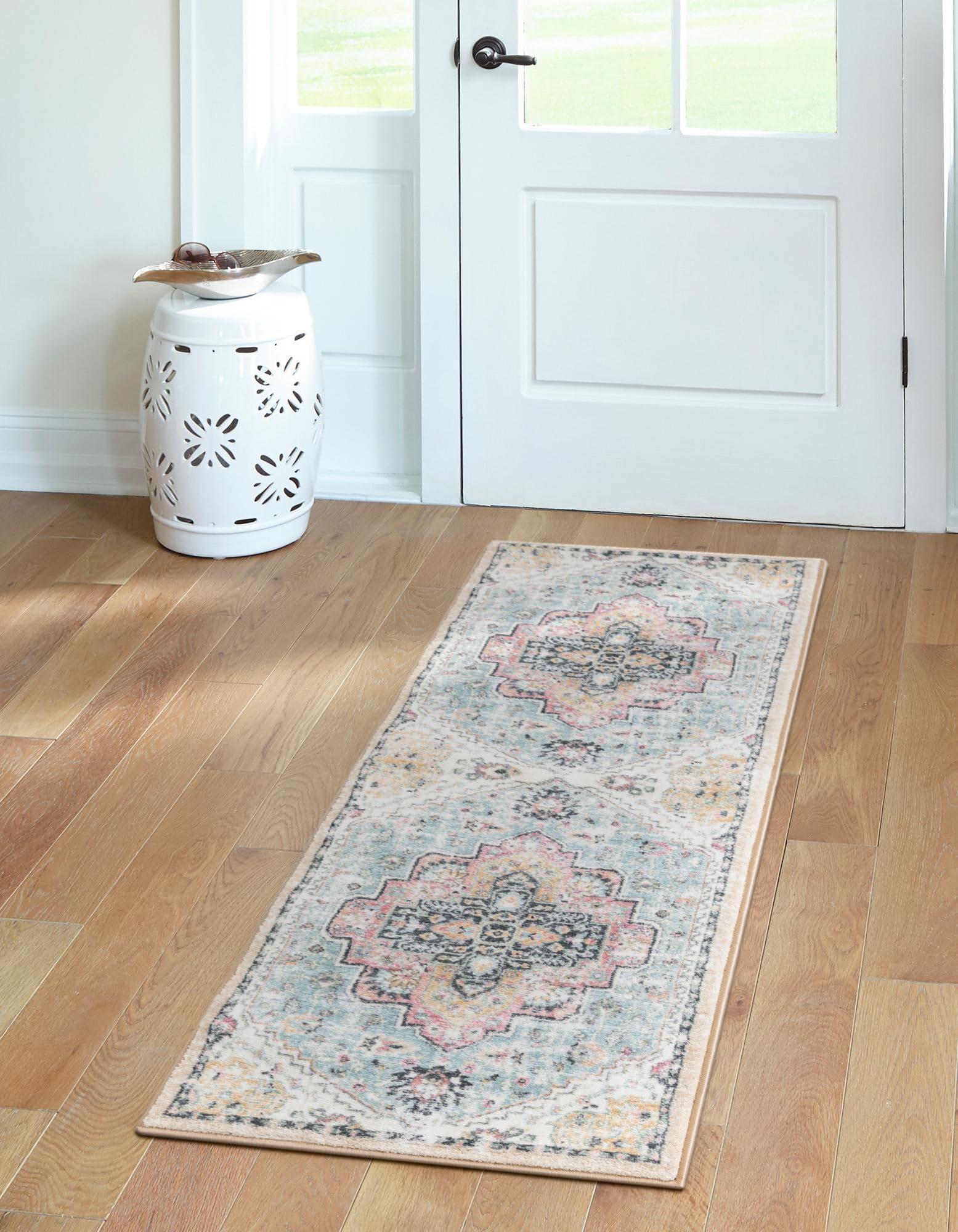 Rugs.com Medina Collection Rug – 10 Ft Runner Seaglass Blue and Rose Medium-Pile Rug Perfect for Hallways, Entryways - Image 8