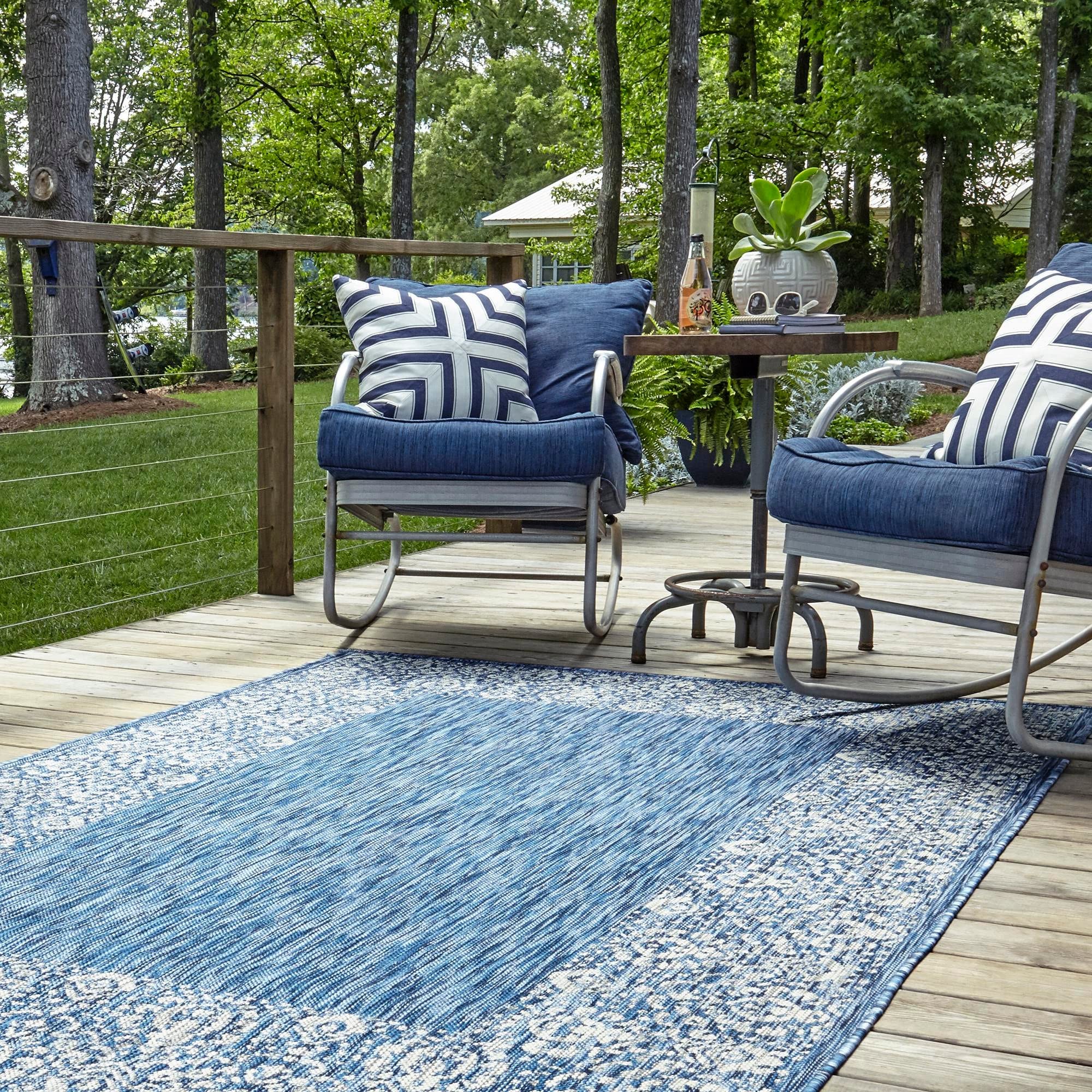 Rugs.com Outdoor Border Collection Rug – 5' x 8' Blue Flatweave Rug Perfect for Bedrooms, Dining Rooms, Living Rooms - Image 4