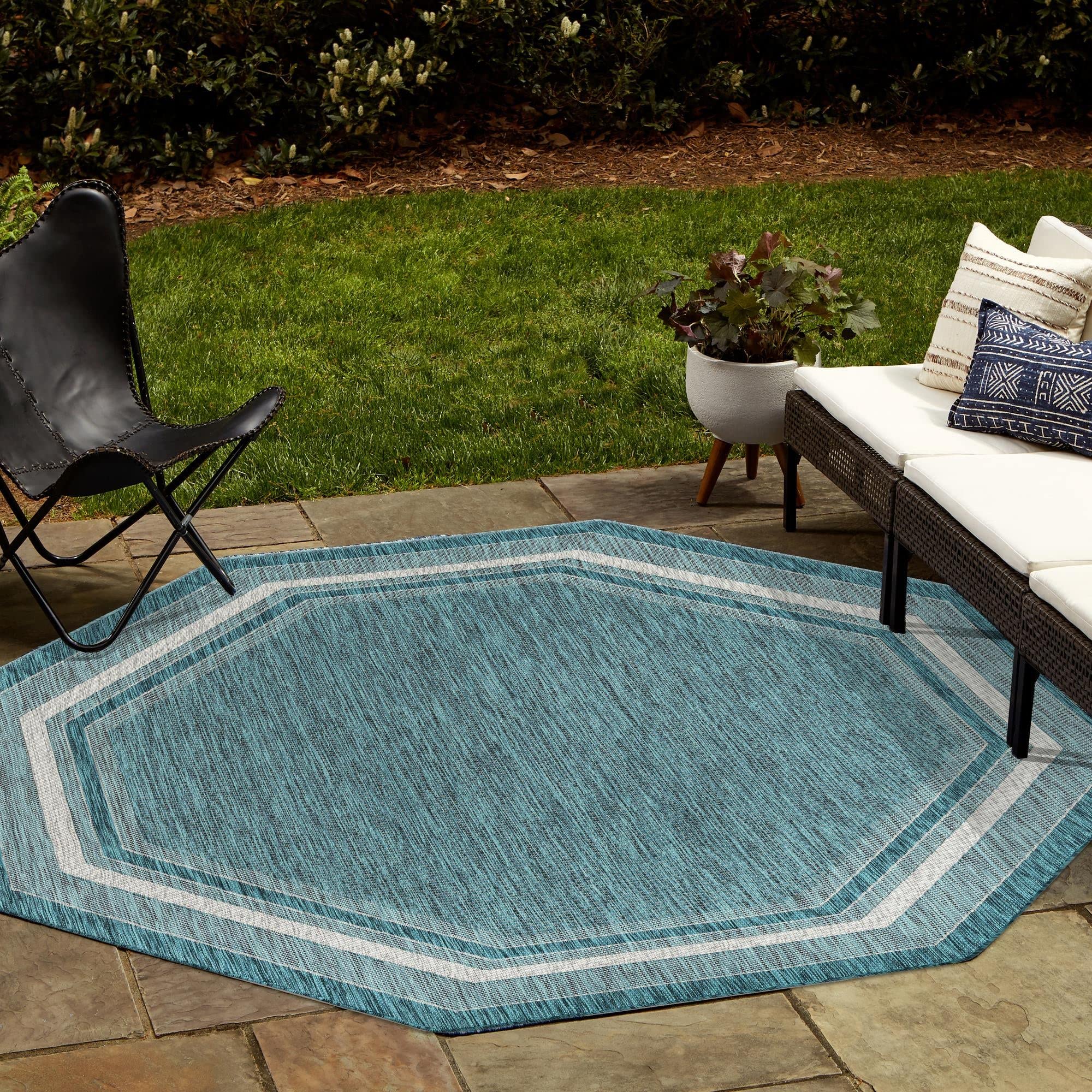 Rugs.com Outdoor Border Collection Rug – 8' Octagon Teal Flatweave Rug Perfect for Living Rooms, Kitchens, Entryways - Image 4