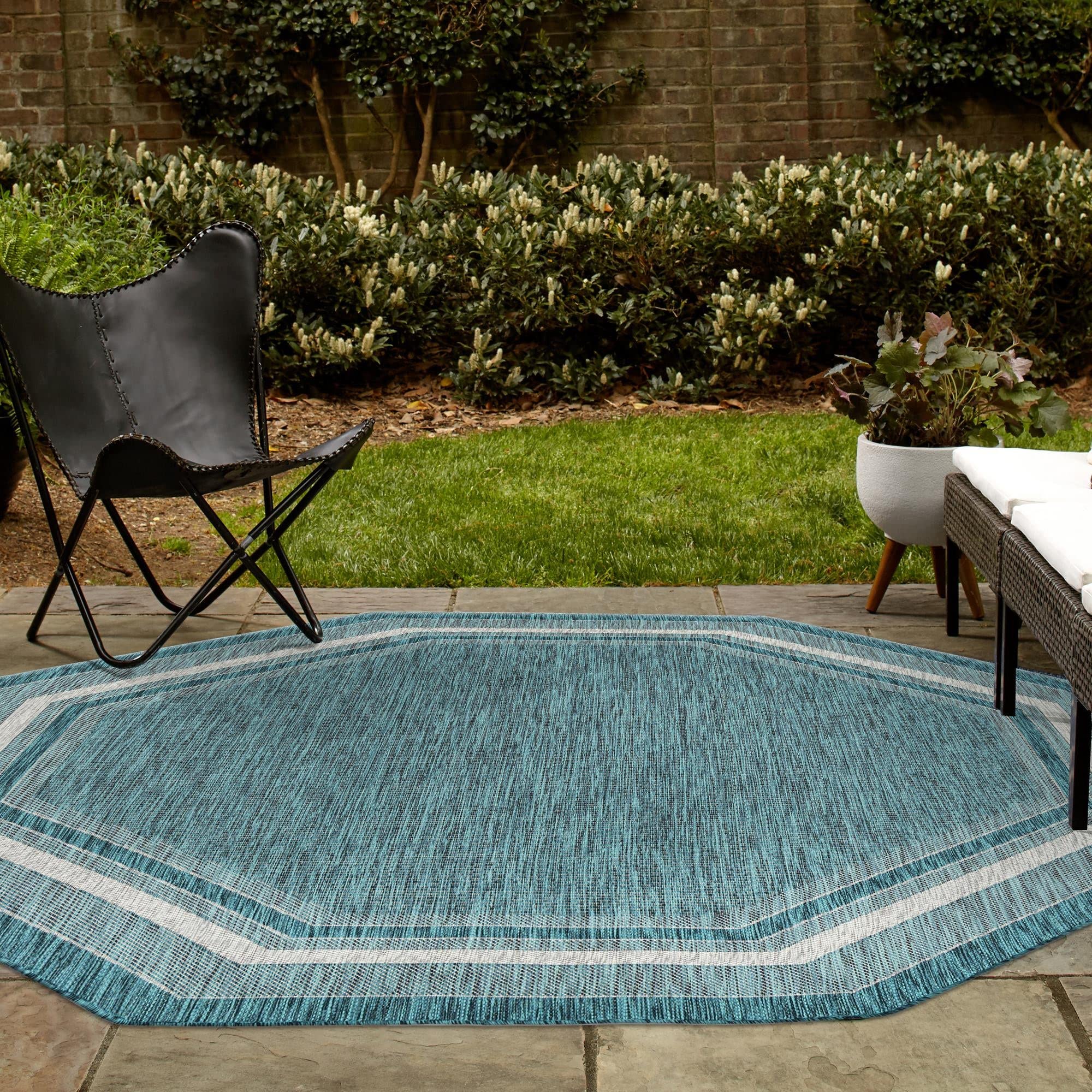 Rugs.com Outdoor Border Collection Rug – 8' Octagon Teal Flatweave Rug Perfect for Living Rooms, Kitchens, Entryways - Image 5