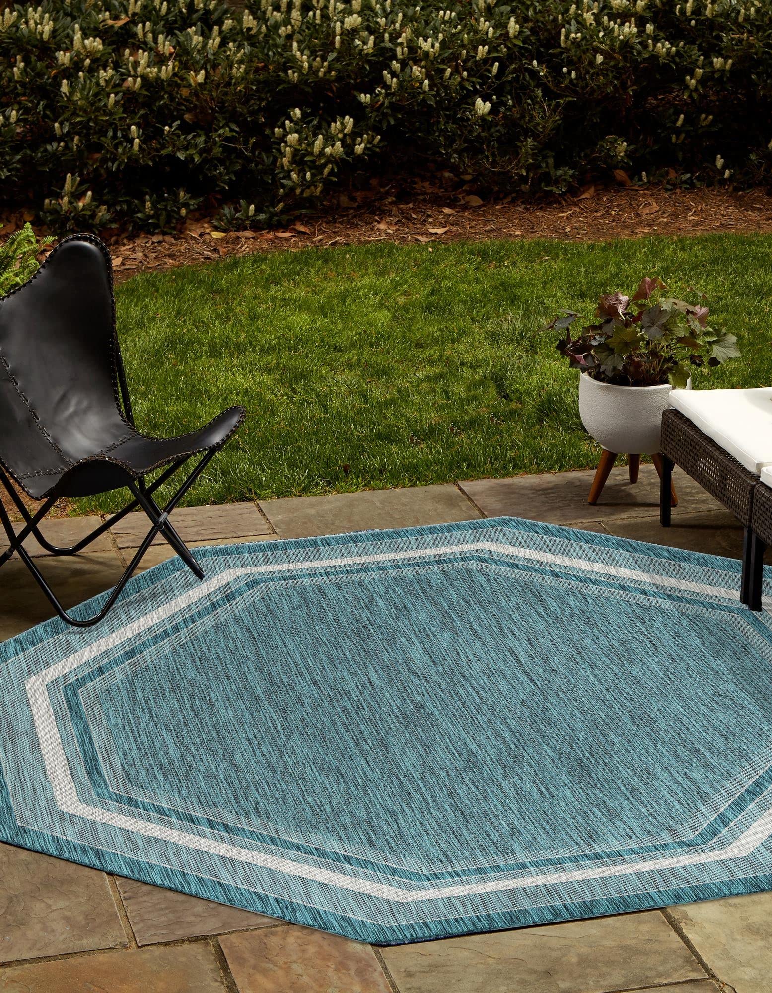 Rugs.com Outdoor Border Collection Rug – 8' Octagon Teal Flatweave Rug Perfect for Living Rooms, Kitchens, Entryways - Image 6