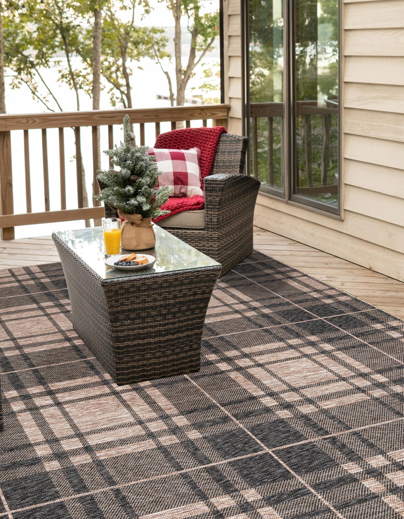 Rugs.com Outdoor Checkered Collection Rug – 10 Ft Square Black and Brown Flatweave-Pile Rug Perfect for Living Rooms, Kitchens, Entryways - Image 5