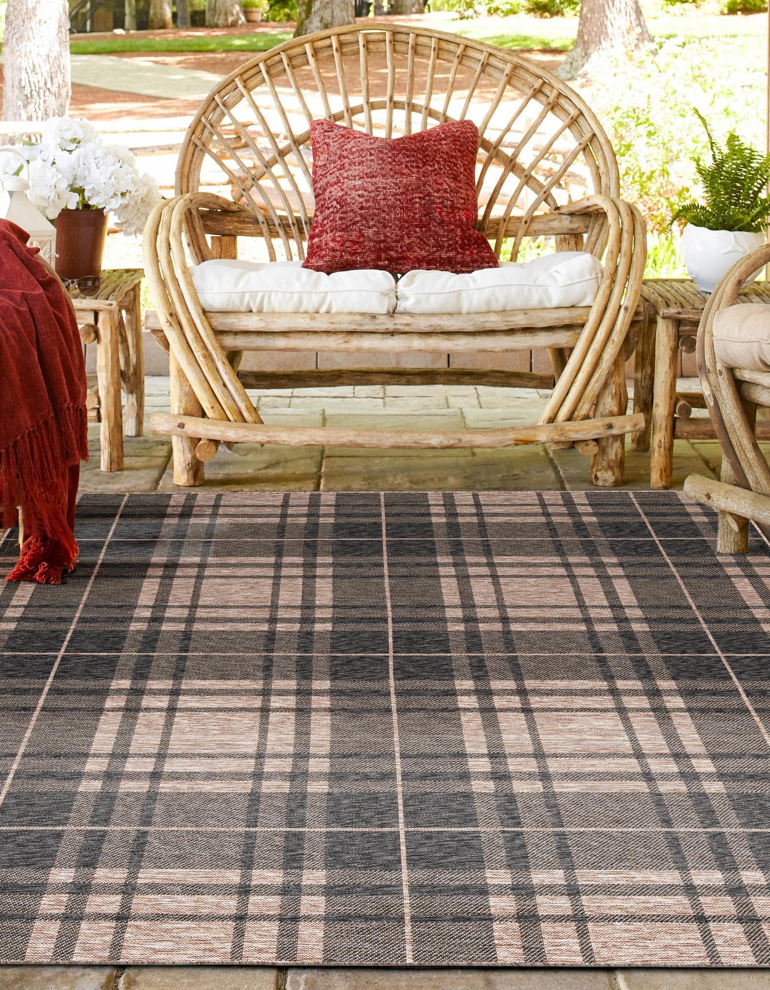 Rugs.com Outdoor Checkered Collection Rug – 10 Ft Square Black and Brown Flatweave-Pile Rug Perfect for Living Rooms, Kitchens, Entryways - Image 6