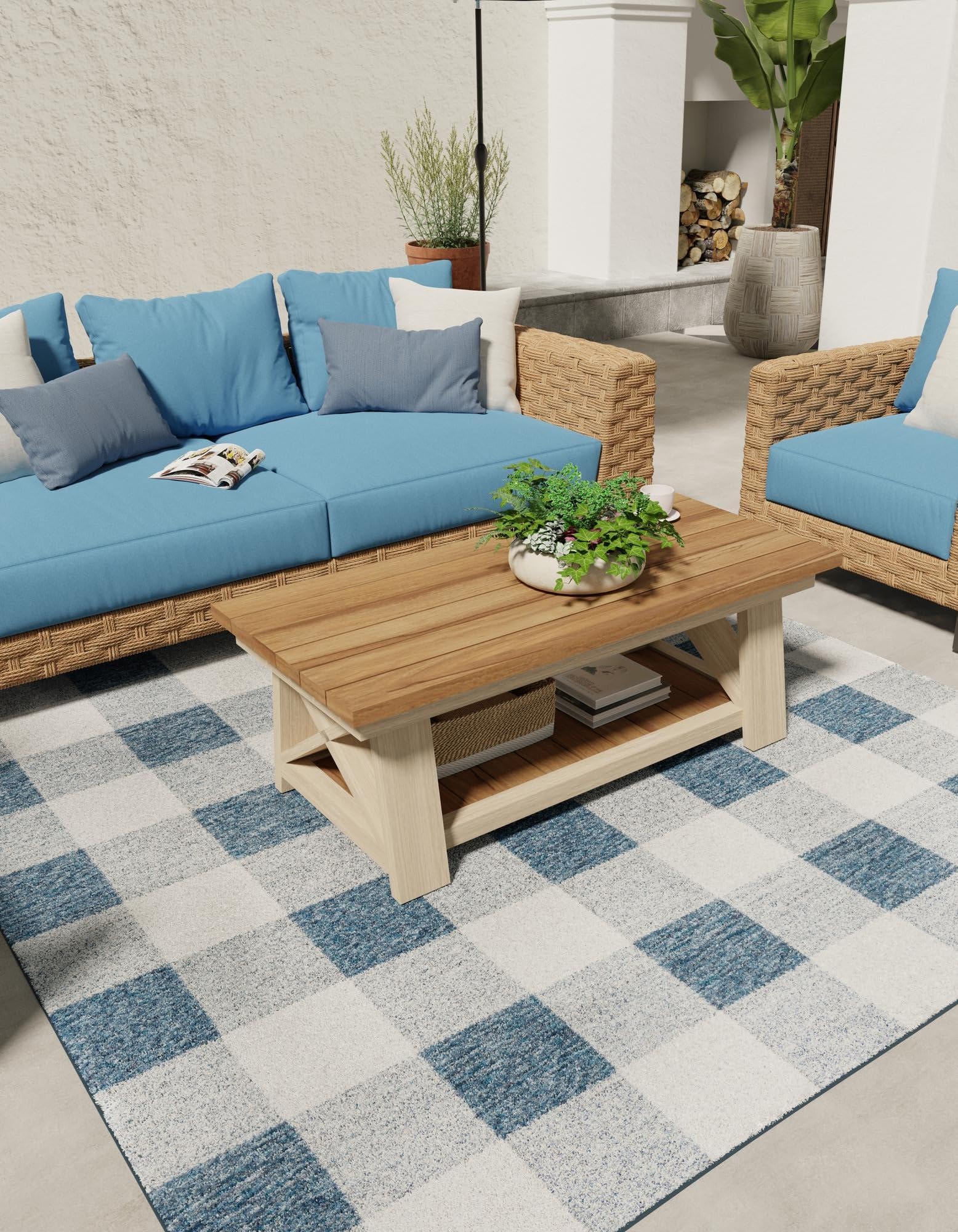 Rugs.com Outdoor Checkered Collection Rug – 10 Ft Square Blue Flatweave-Pile Rug Perfect for Living Rooms, Kitchens, Entryways - Image 6