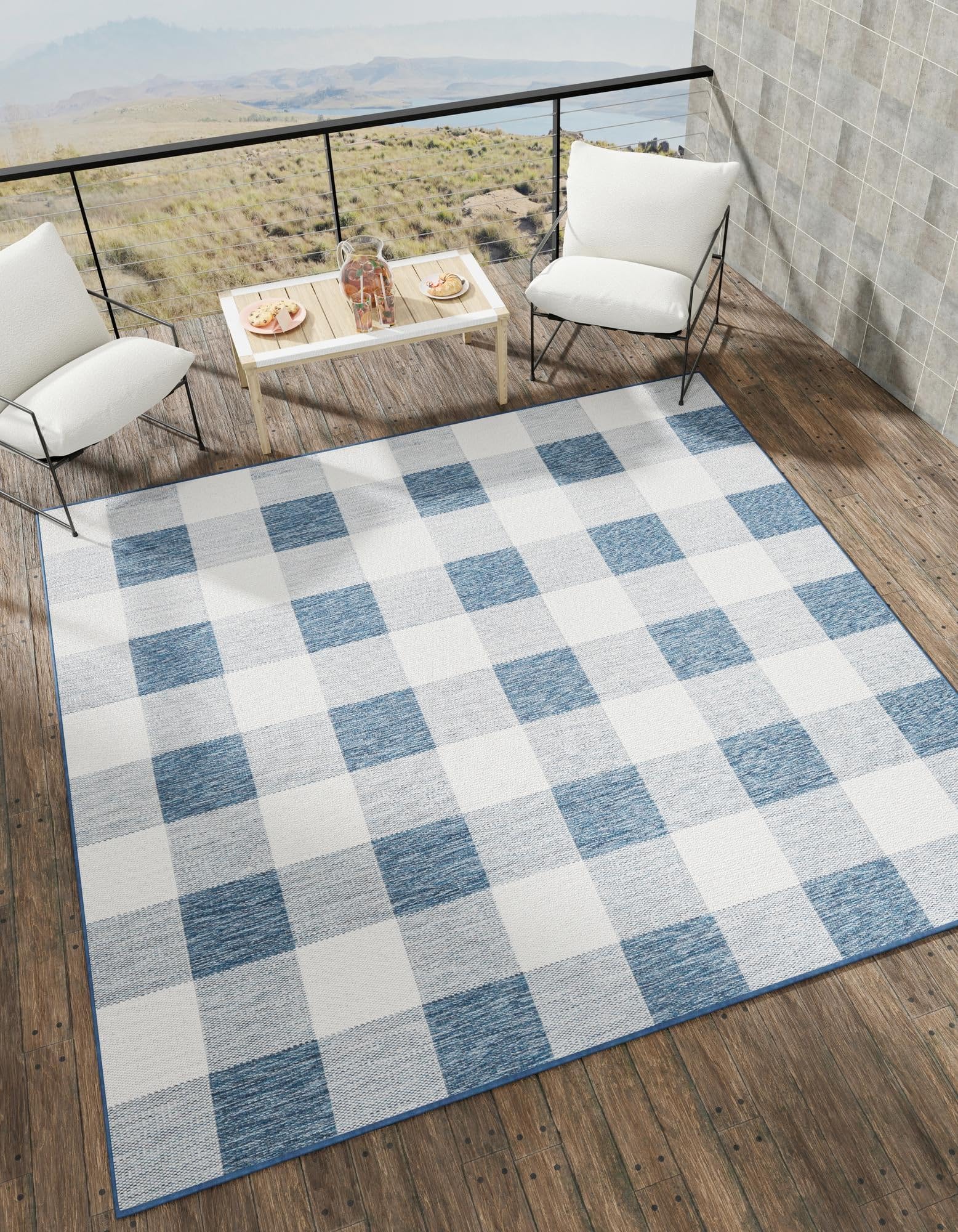 Rugs.com Outdoor Checkered Collection Rug – 10 Ft Square Blue Flatweave-Pile Rug Perfect for Living Rooms, Kitchens, Entryways - Image 8