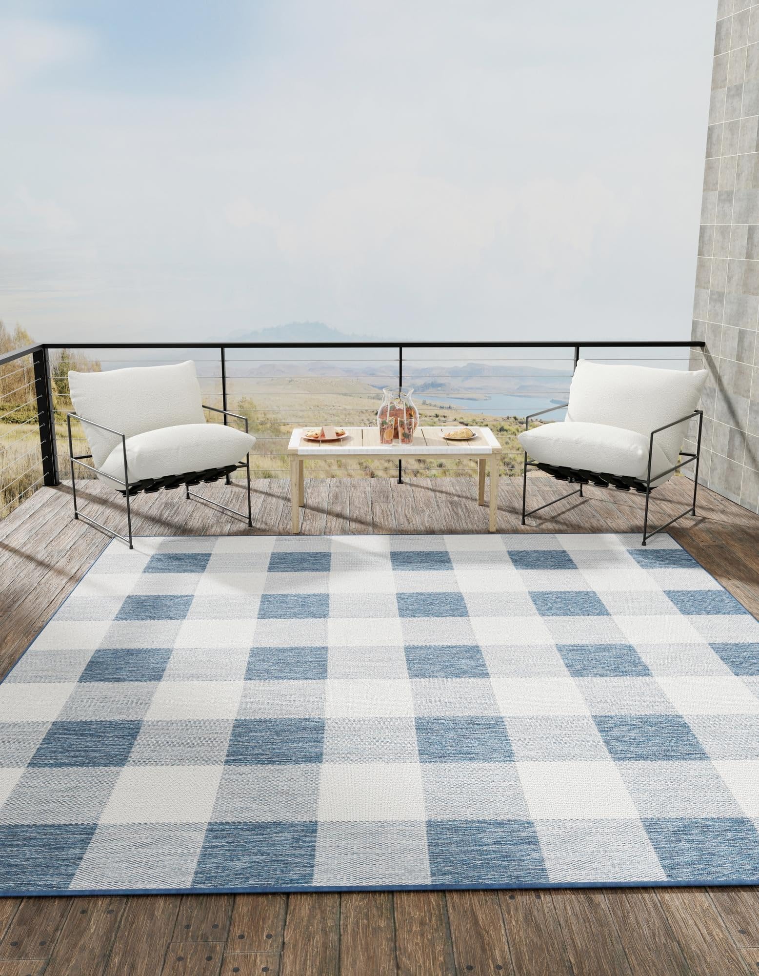 Rugs.com Outdoor Checkered Collection Rug – 10 Ft Square Blue Flatweave-Pile Rug Perfect for Living Rooms, Kitchens, Entryways - Image 9