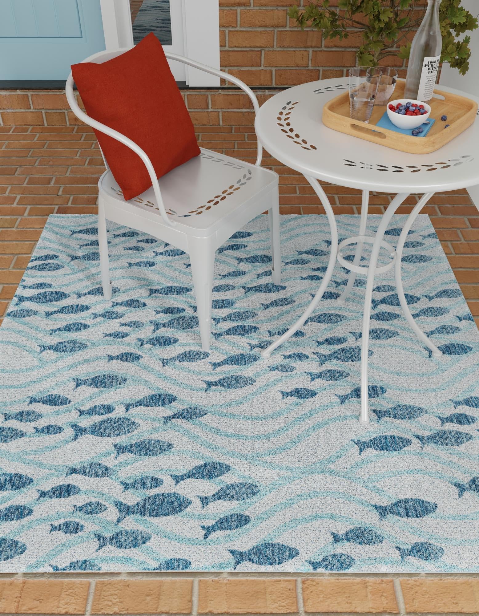 Rugs.com Outdoor Coastal Collection Rug – 5 Ft Square Blue Flatweave-Pile Rug Perfect for Living Rooms, Kitchens, Entryways - Image 4